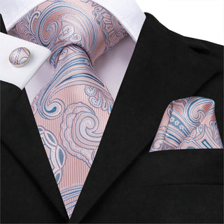 Light Blue Pink Paisley Silk Necktie Pocket Square Cufflinks Set