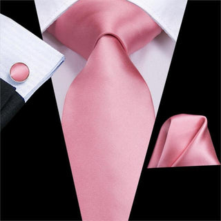 Classic Pink Solid Silk Necktie Pocket Square Cufflinks Set