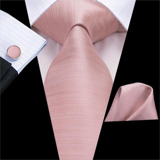 Baby Pink Solid Silk Soft Mens Necktie Pocket Square Cufflinks Set + Neckties