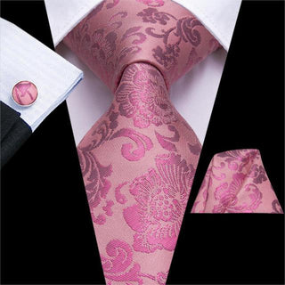 Peach Pink Floral Silk Necktie Pocket Square Cufflinks Set