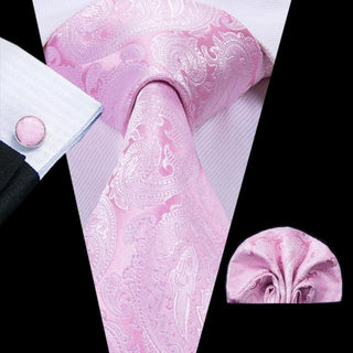 Pink Paisley Silk Necktie Pocket Square Cufflinks Set
