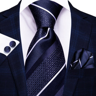 Navy Blue White Striped Silk Necktie Pocket Square Cufflinks Set