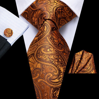 Luxury Orange Paisley Silk Necktie Pocket Square Cufflinks Set