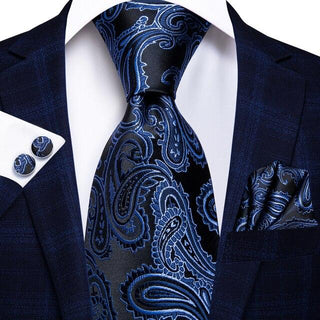 Blue Black Paisley Silk Necktie Pocket Square Cufflinks Set