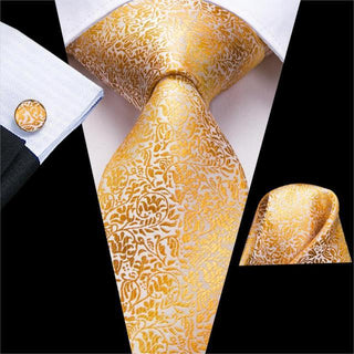 Golden Yellow Paisley Novelty Silk Necktie Pocket Square Cufflinks Set