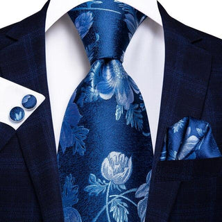 Blue Floral Men's Silk Necktie Pocket Square Cufflinks Set