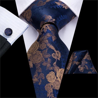 Deep Blue Brown Floral Silk Necktie Pocket Square Cufflinks Set