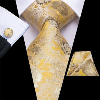 New Silver Light Yellow Floral Silk Necktie Pocket Square Cufflinks Set