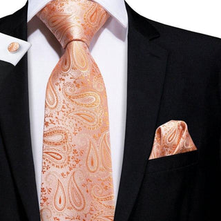 Light Orange Paisley Silk Necktie Pocket Square Cufflinks Set