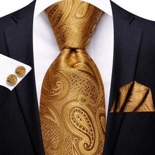 Golden Paisley Silk Necktie Pocket Square Cufflinks Set