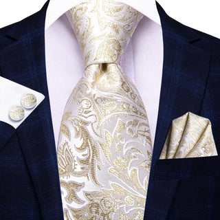 Light Champagne Floral Silk Necktie Pocket Square Cufflinks Set