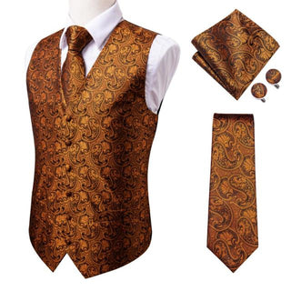 Pure Brown Paisley Men's Vest Tie Pocket Square Cufflinks Set Waistcoat Suit Set