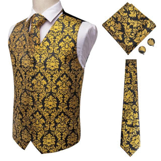 Luxury Black Golden Floral Jacquard Silk Men's Vest Pocket Square Cufflinks Tie Set Waistcoat Suit Set
