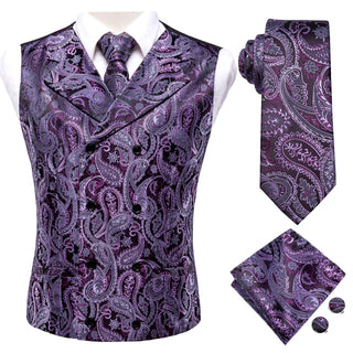 Purple Paisley Silk Men's Vest Pocket Square Cufflinks Tie Set Waistcoat Suit Set