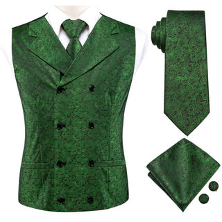 Green Floral Silk Men's Vest Pocket Square Cufflinks Tie Set Waistcoat Suit Set