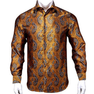 Gold Brown Paisley Silk Long Sleeve Shirt