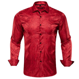 Red Wine Solid Paisley Silk Long Sleeve Shirt