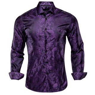 Purple Black Paisley Floral Long Sleeve Silk Shirt