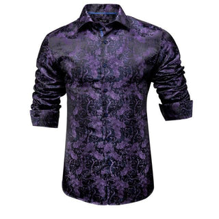 New Black Purple Floral Silk Long Sleeve Shirt
