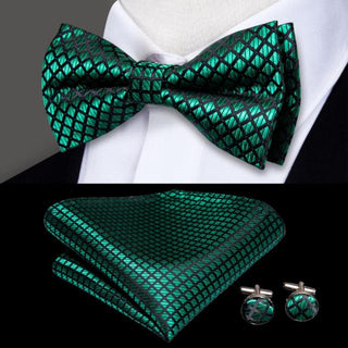 Green Black Plaid Pre-tied Bow Tie Pocket Square Cufflinks Set