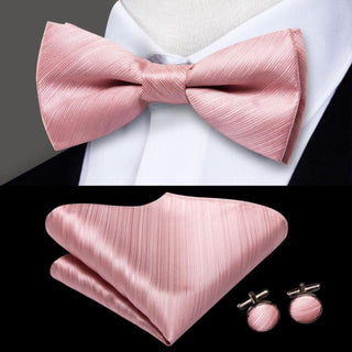 Solid Pink Self-tied Silk Bow Tie Pocket Square Cufflinks Set