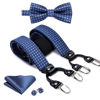 Floral Blue Brace Clip-on Men's Suspenders with Bow Tie Set