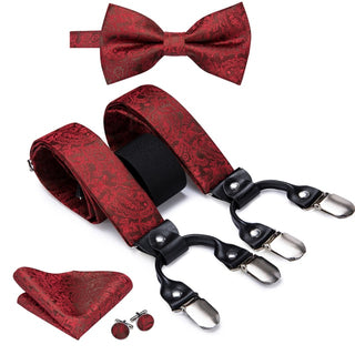 Red Paisley Brace Clip-on Men's Suspenders with Bow Tie Set