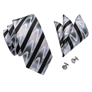 Black White Novelty Silk Necktie Pocket Square Cufflinks Set