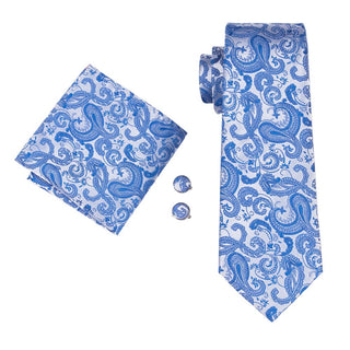 Light Blue Paisley Silk Necktie Pocket Square Cufflinks Set