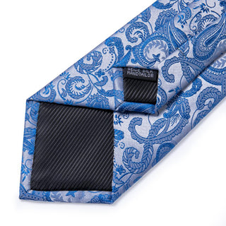 Light Blue Paisley Silk Necktie Pocket Square Cufflinks Set