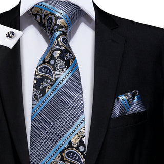 Navy Blue Striped Silk Necktie Pocket Square Cufflinks Set