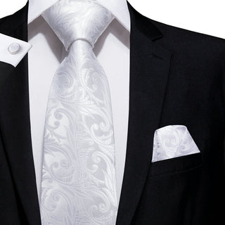 White Floral Novelty Silk Necktie Pocket Square Cufflinks Set