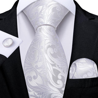 White Floral Novelty Silk Necktie Pocket Square Cufflinks Set