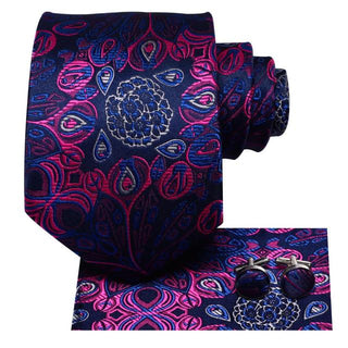 Purple Novelty Floral Silk Men's Necktie Pocket Square Cufflinks Set