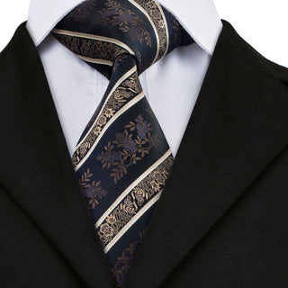 Black Bisque Medium Blue Striped Silk Necktie Pocket Square Cufflinks Set