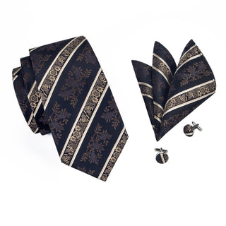 Black Bisque Medium Blue Striped Silk Necktie Pocket Square Cufflinks Set