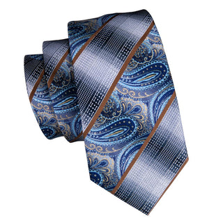 Blue Brown Striped Silk Necktie Pocket Square Cufflinks Set