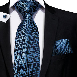 Navy Blue Novelty Silk Necktie Pocket Square Cufflinks Set