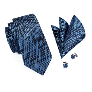 Navy Blue Novelty Silk Necktie Pocket Square Cufflinks Set