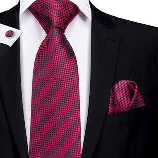Wine Red Striped Silk Necktie Pocket Square Cufflinks Set