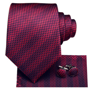 Wine Red Striped Silk Necktie Pocket Square Cufflinks Set