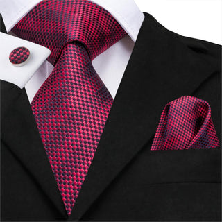 Wine Red Striped Silk Necktie Pocket Square Cufflinks Set