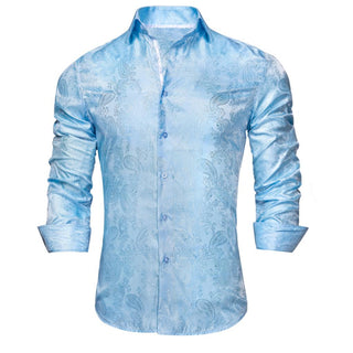 Light Blue Paisley Silk Long Sleeve Shirt