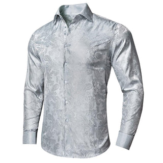 Silver Paisley Silk Long Sleeve Shirt