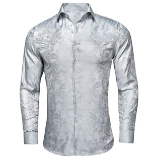 Silver Paisley Silk Long Sleeve Shirt