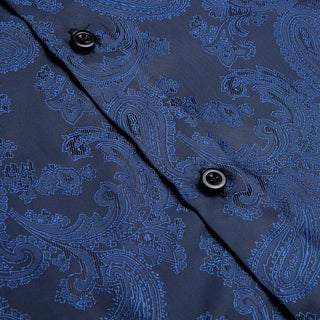 Navy Blue Floral Paisley Silk Long Sleeve Shirt