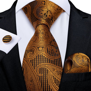 Gold Brown Paisley Silk Necktie Pocket Square Cufflinks Set