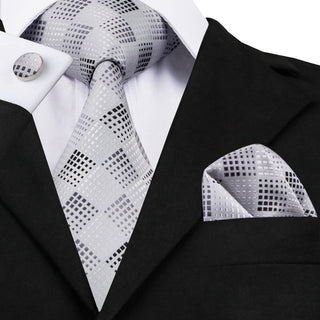 Silver Plaid Pure Silk Necktie Pocket Square Cufflinks Set