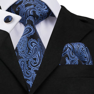Dark Blue Paisley Silk Necktie Pocket Square Cufflinks Set