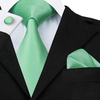 Spring Green Novelty Pattern Silk Necktie Pocket Square Cufflinks Set
